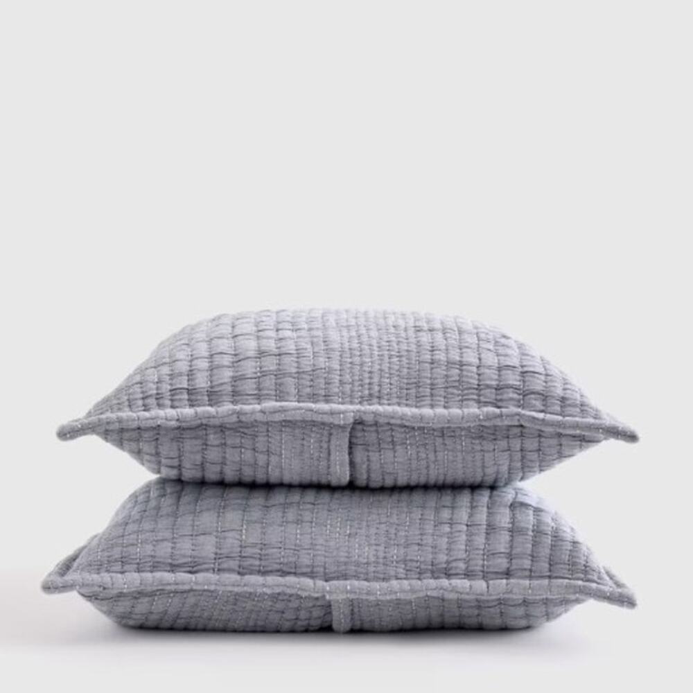 Quince Organic Cotton Channel Stitch Sham Set Blue Standard Pillowcases